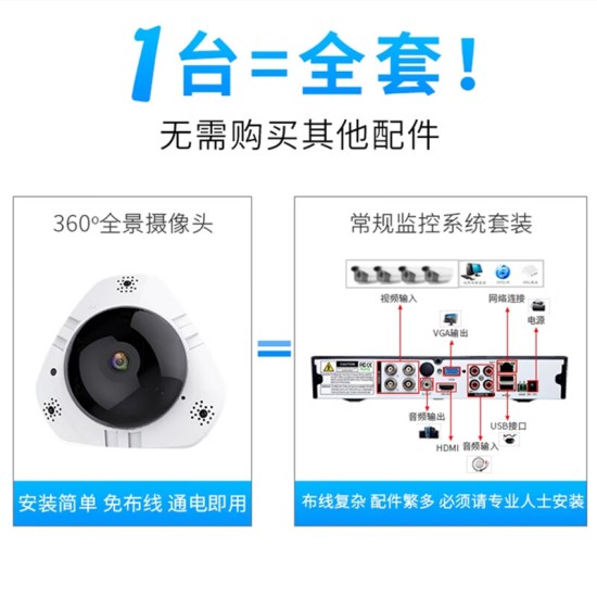 雅诺仕360度全景鱼眼摄像头无死角带红外夜视手机APP远程操控双向语音室内家用家庭办公室吸顶安防监控器  30天循环录像卡