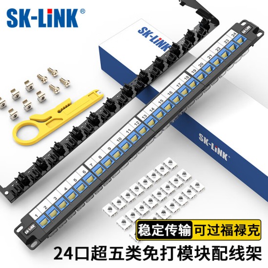SK-LINK 六类网络配线架24口 CAT6类19英寸机架式1U非屏蔽机柜工程级镀金理线架网线理线槽 SK-P6-24