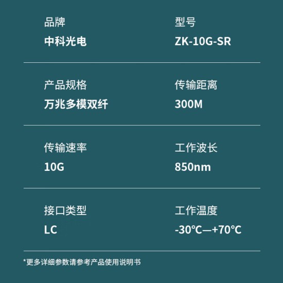 中科光电 10G多模光模块 SFP+万兆光模块 OMXD30000 SFP-XG-SX-MM850-D-A 双纤850nm,300M,LC口 ZK-10G-SR