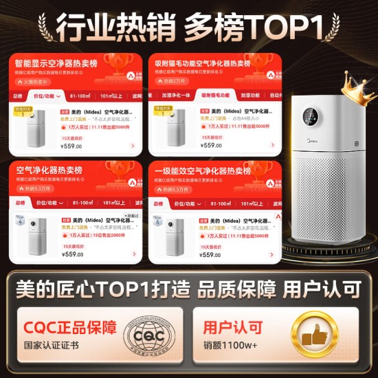 美的（Midea）空气净化器除甲醛除菌除烟味宠物除异味除雾霾PM2.5家用净化器 KJ400G-L1 Lite